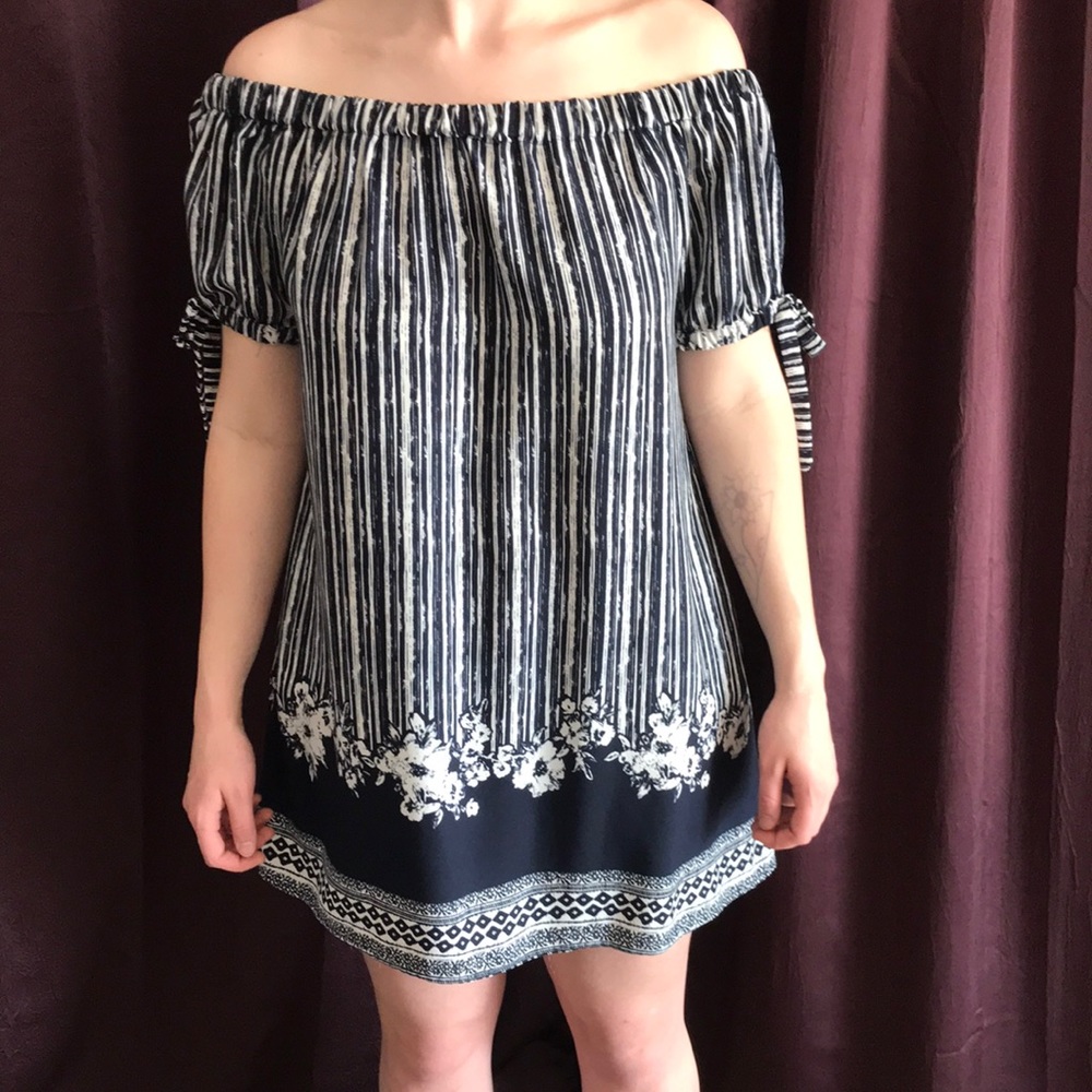 navy and white off the shoulder beach dress
